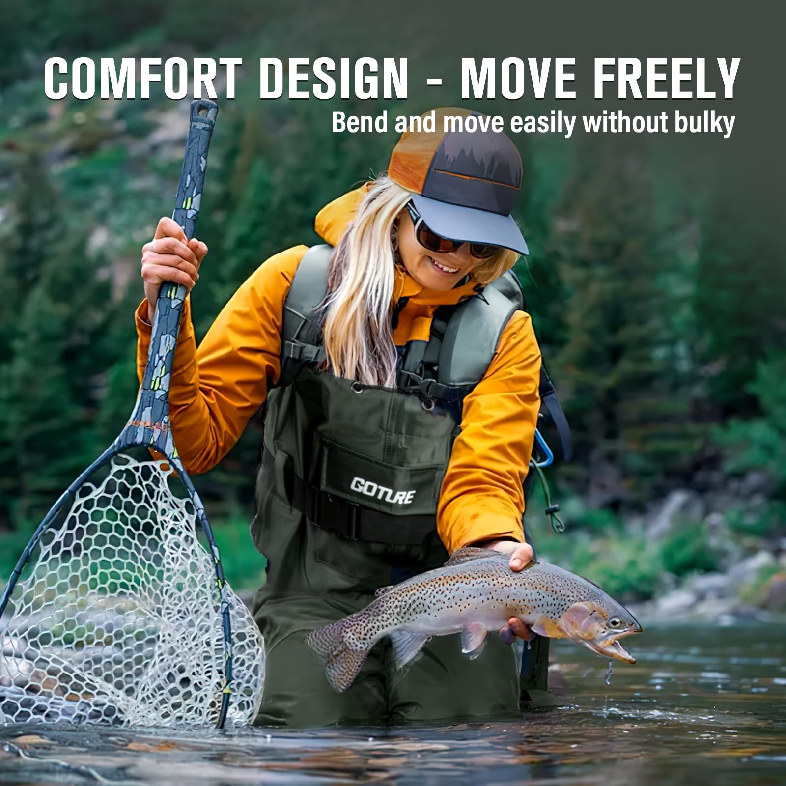 Fishing Waders - Goture 軽量チェストウェーダー ブーツフット付き 調節可能なショルダーストラップ ポケットデザイン フライフィッシングウェーダー