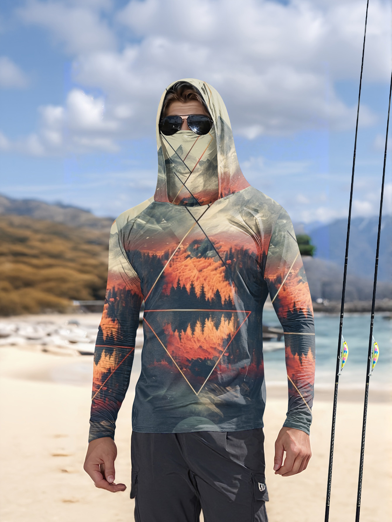アウトドアメンズフィッシングフーディー、内蔵フェイスマスク、 - Fishing Hoodie のレビューと価格
