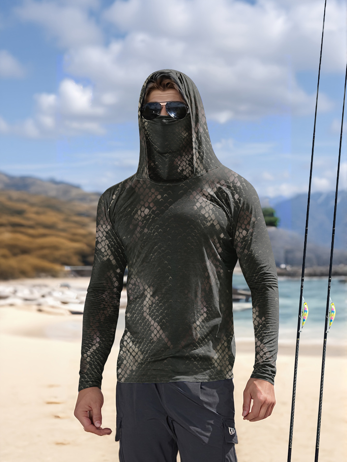 メンズフィッシングフード付き長袖迷彩柄日焼け止め通気性UVカ - Fishing Hoodie のレビューと価格